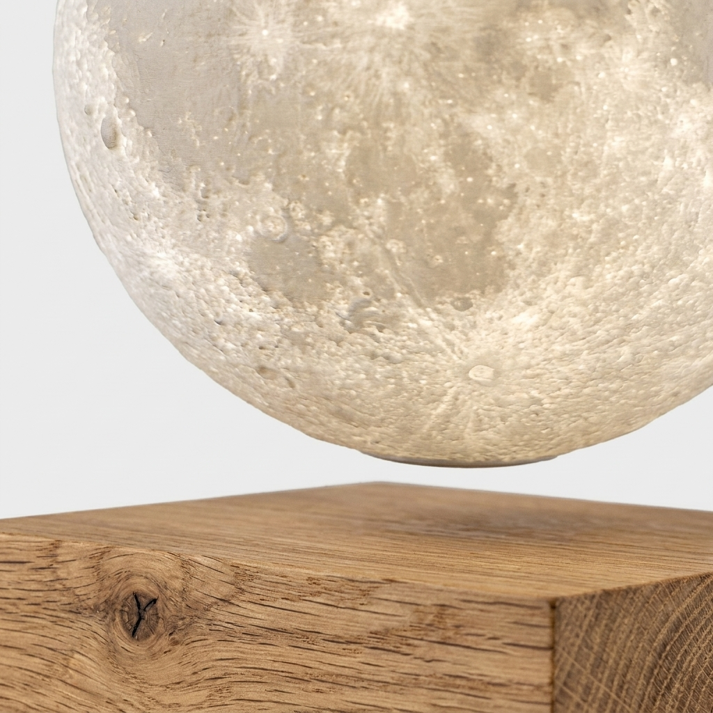 A close-up of a moon-shaped lamp with a textured, cratered surface floating above a wooden block base against a light gray background.
