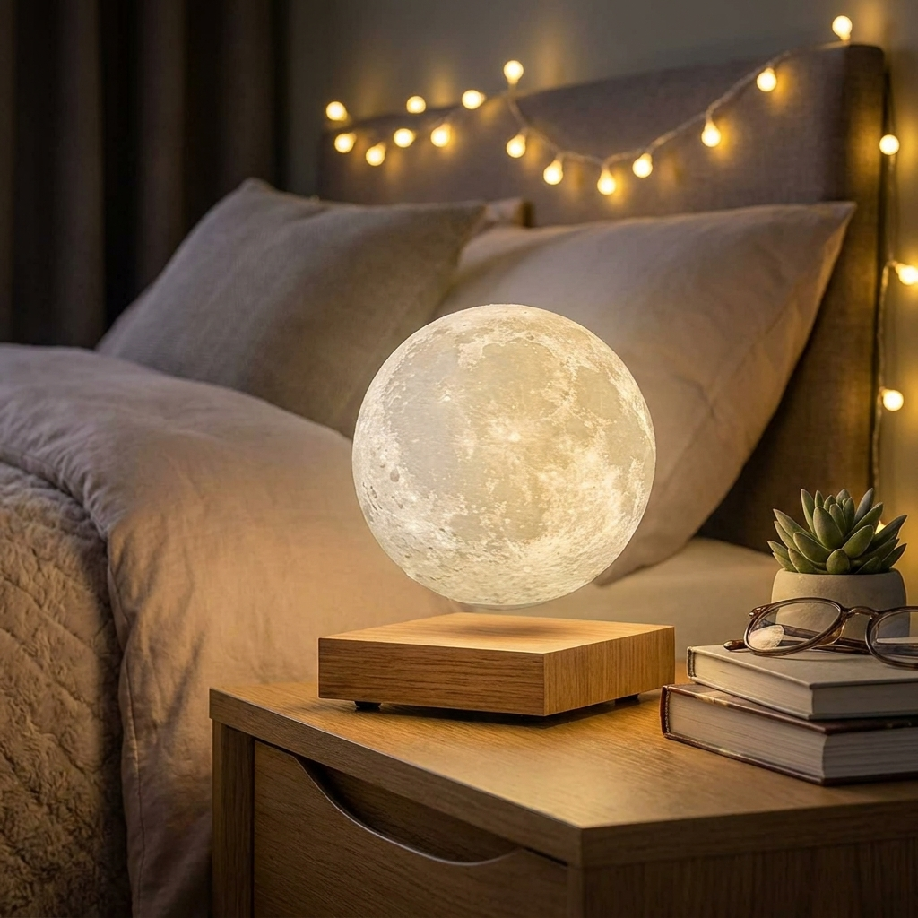 A glowing moon lamp with a textured spherical design sits on a wooden nightstand beside a bed. The lamp is mounted on a rectangular wooden base and is shown in a cozy bedroom setting with warm string lights, pillows, books, and a small potted succulent.