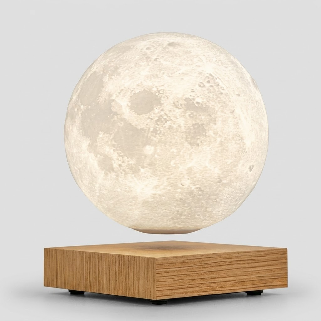 A floating moon lamp with a textured, cratered moon sphere suspended above a square wooden base, shown against a light gray background.