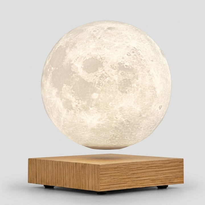 A floating moon lamp with a textured, cratered moon sphere suspended above a square wooden base, shown against a light gray background.