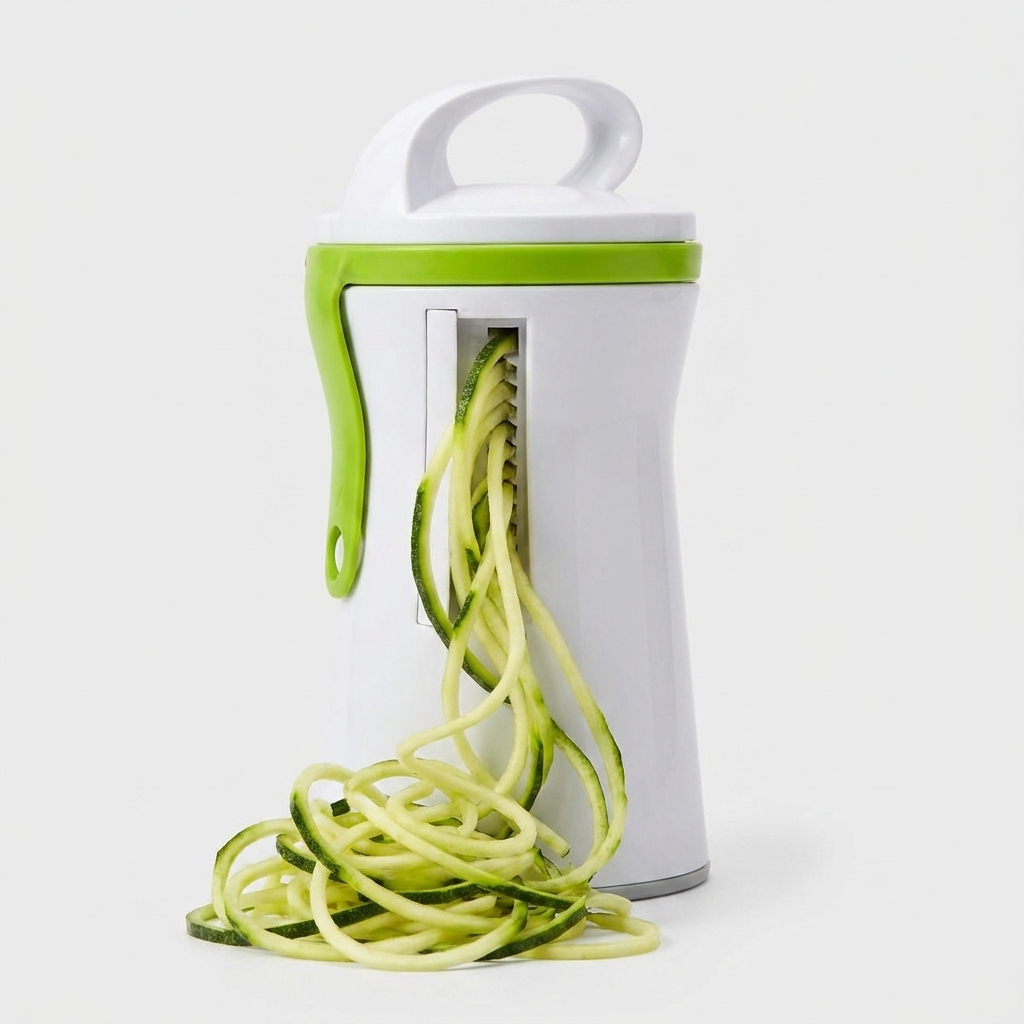 A white and lime green spiralizer machine with zucchini noodles spiraling out, set against a clean light gray background.