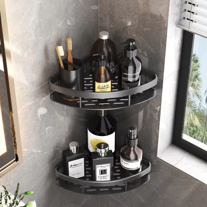 Corner shower caddy with various bottles and toiletries in a bathroom setting.