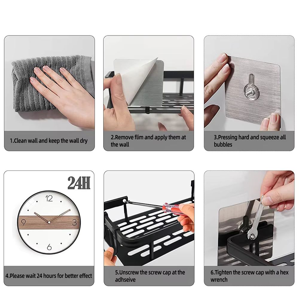 Step-by-step installation guide for a wall-mounted shelf with images and text instructions.