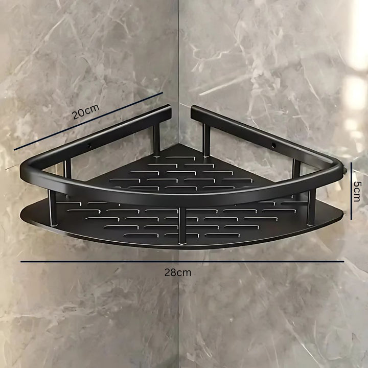 Black corner shower shelf with measurements on a gray tiled wall