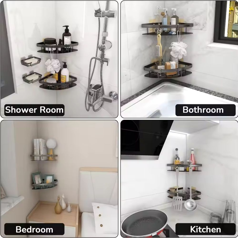 Collage of bathroom, shower room, bedroom, and kitchen with shelves and fixtures.