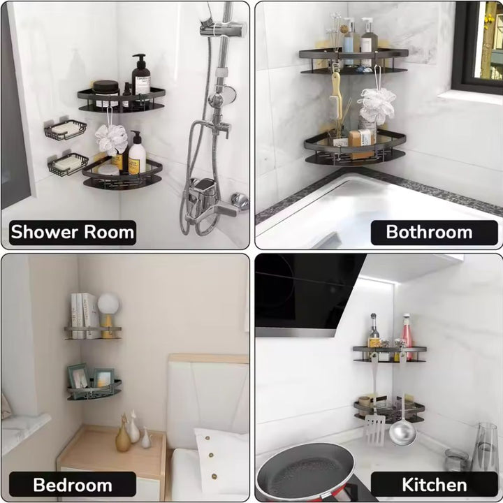 Collage of bathroom, shower room, bedroom, and kitchen with shelves and fixtures.