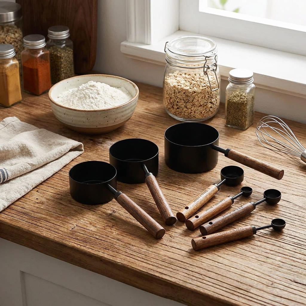 A set of black measuring cups and spoons with light brown wooden handles arranged on a rustic wooden kitchen counter, alongside bowls of flour and spices, jars, and a whisk near a window.
