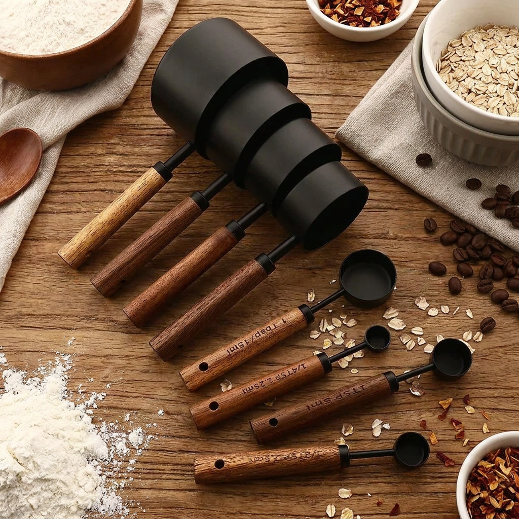 A set of five nested measuring cups with matte black bodies and wooden handles, arranged on a rustic wooden table with baking ingredients like flour, oats, and coffee beans.