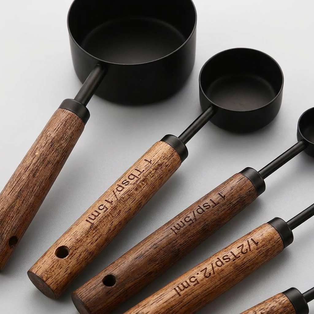 A set of measuring cups with matte black interiors and engraved wooden handles, arranged diagonally on a light gray background.