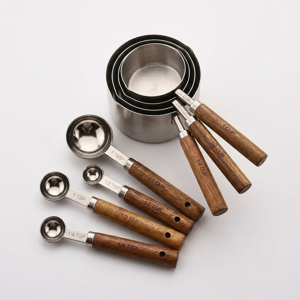 A set of stainless steel measuring cups and measuring cups with wooden handles, arranged on a clean white background. The nested cups are at the top, and the individual measuring cups with engraved size markings are fanned out below.