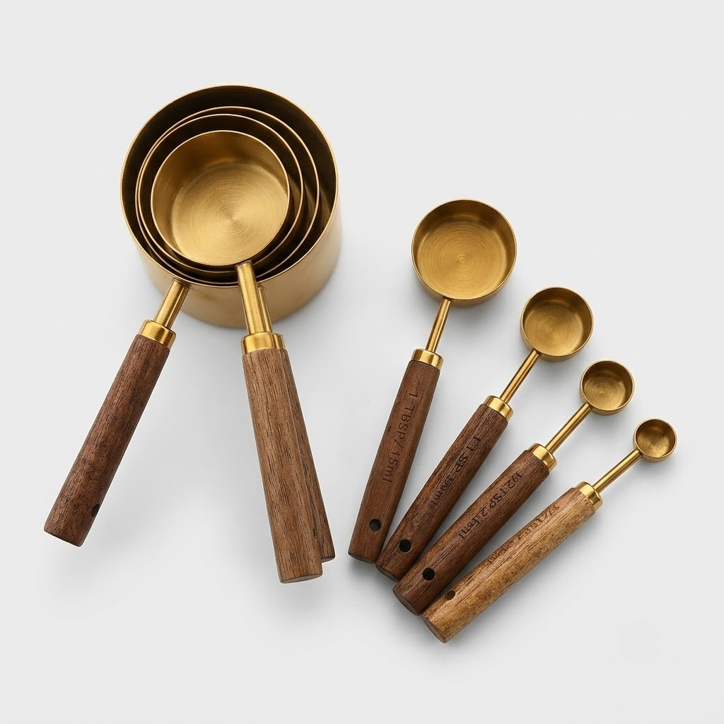 A 10-piece kitchen utensil set with beige silicone heads and dark brown wood-grain handles accented with rose gold metal collars, arranged on a light gray background.