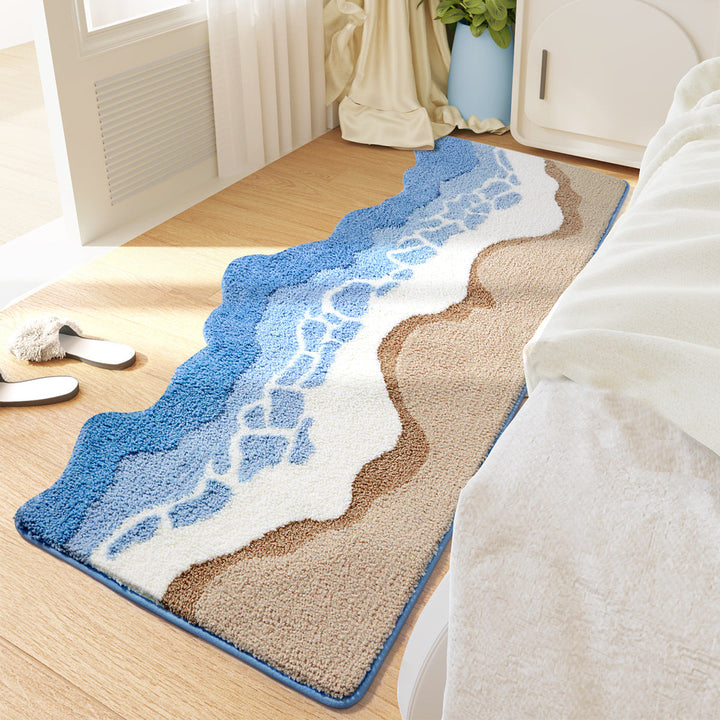 Decorative rug with beach theme on a wooden floor