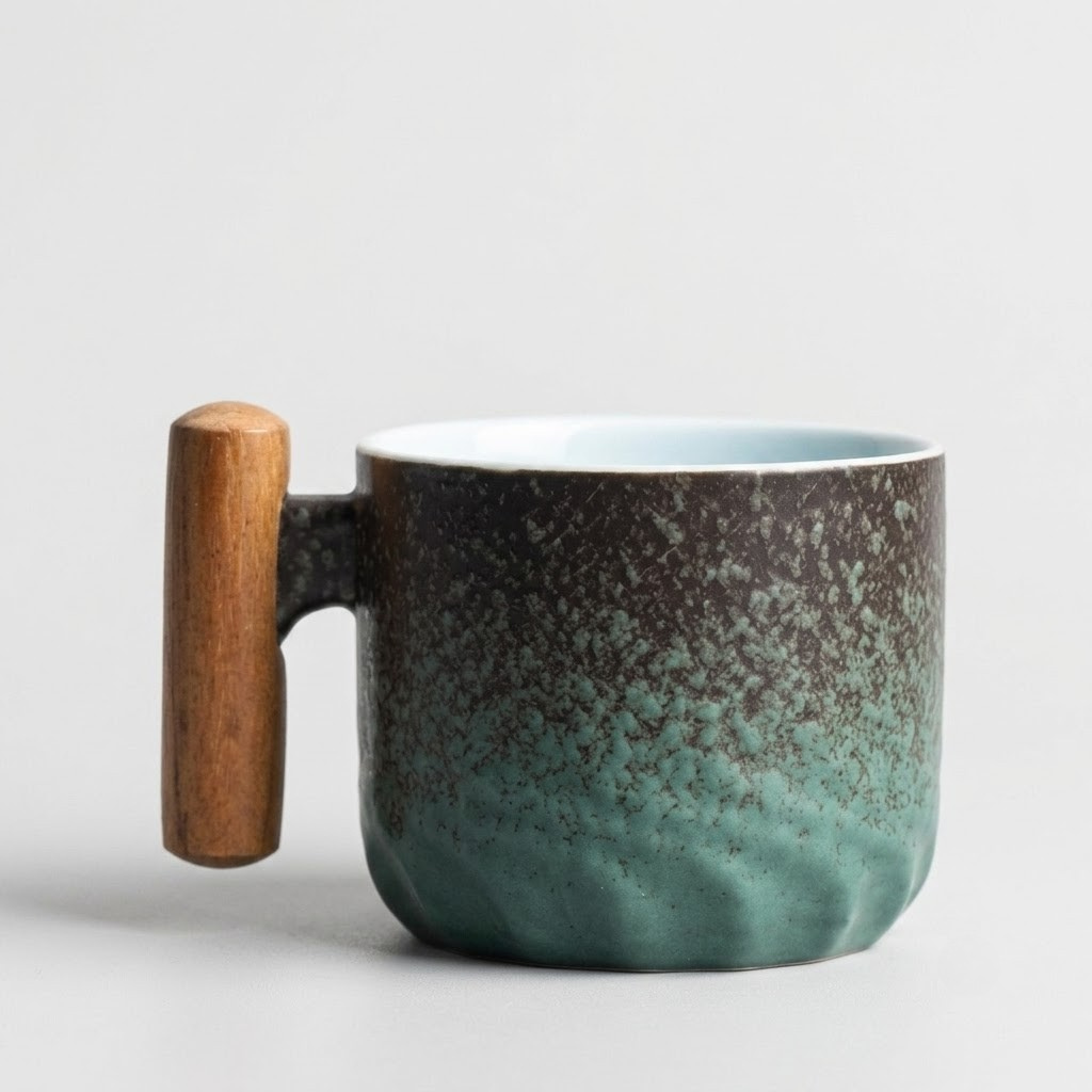 A ceramic mug with a textured dark brown and teal-green gradient exterior, a light blue interior, and a natural wood handle, shown on a light gray background.