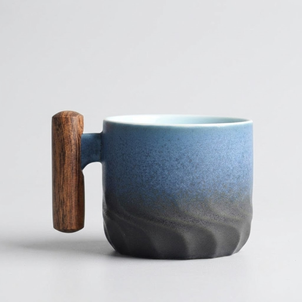 A ceramic mug with a textured blue-to-dark-gray ombre finish and a vertical wooden handle, shown on a light gray background.