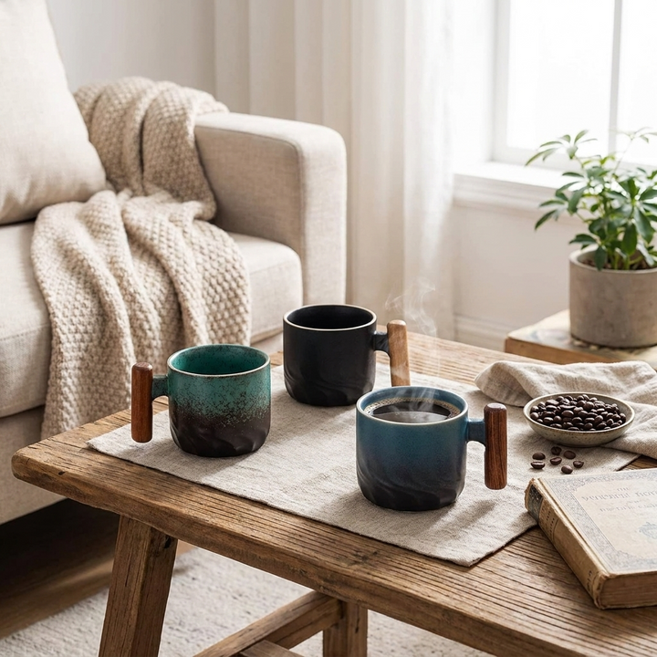 Three ceramic mugs with wooden handles are arranged on a wooden table in a cozy living room setting. The mugs have a dark base with a gradient glaze in teal-blue and black, with one mug filled with coffee.