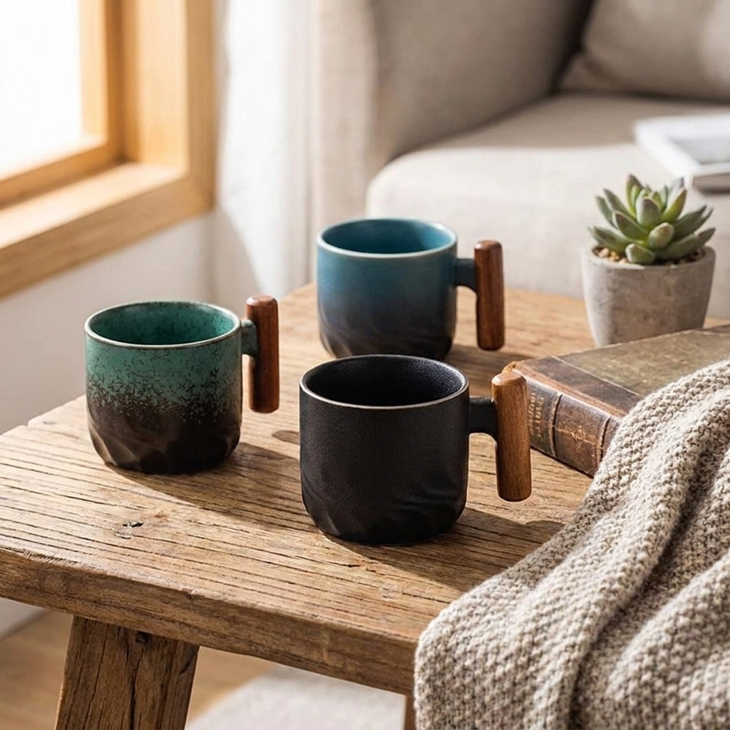 Three ceramic mugs with wooden handles are arranged on a rustic wooden table in a cozy indoor setting. The mugs have different color treatments: one is dark green and black, one is teal and black, and one is solid black.