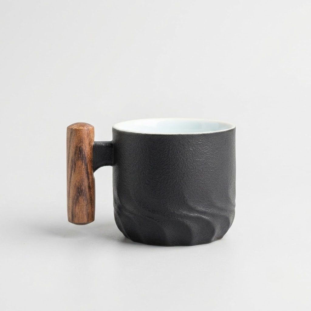 A dark textured ceramic mug with a unique cylindrical wooden handle, shown against a plain light gray background.