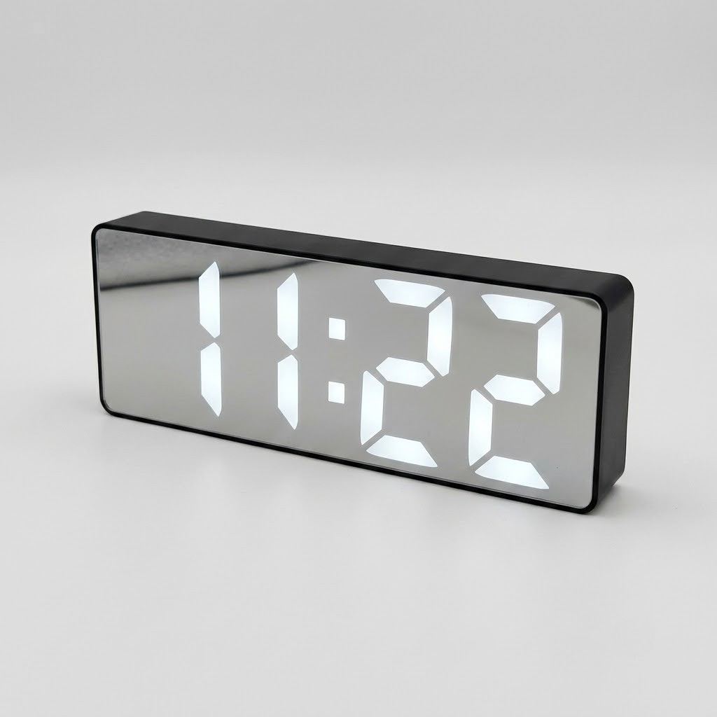 A rectangular digital clock with a glossy black frame and mirrored face, displaying the time 11:22 in bright white LED digits against a light gray background.