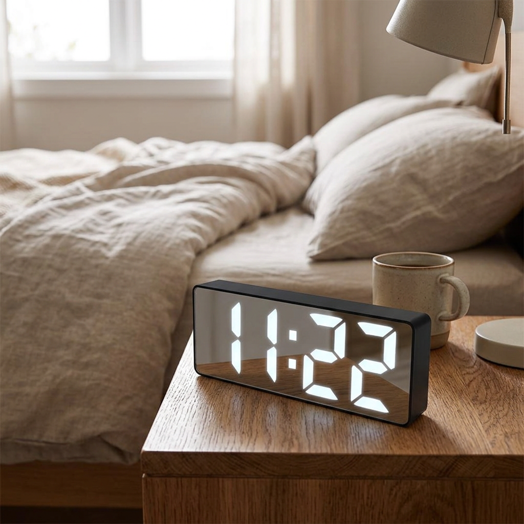 A modern digital LED clock with a black frame sits on a wooden bedside table next to a mug in a softly lit bedroom.