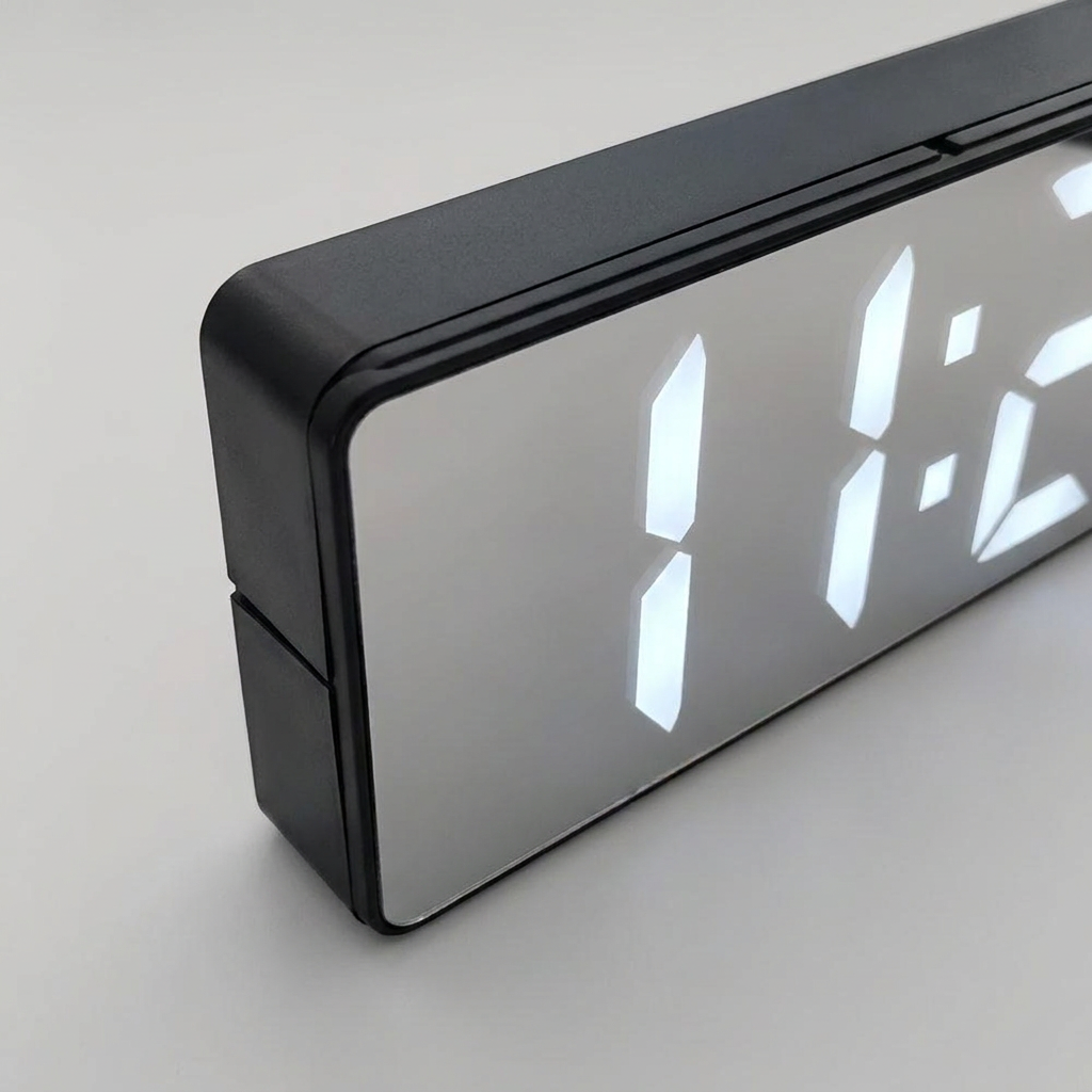 A close-up of a modern digital clock with a matte black rectangular body and glowing white LED numbers on a light gray background.