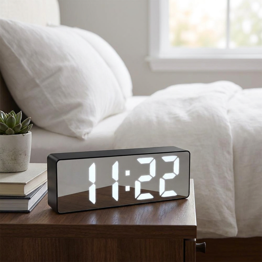 A rectangular digital alarm clock with a black frame and white LED numerals sits on a wooden bedside table in a softly lit bedroom. White bedding, stacked books, and a small potted succulent are visible in the background.