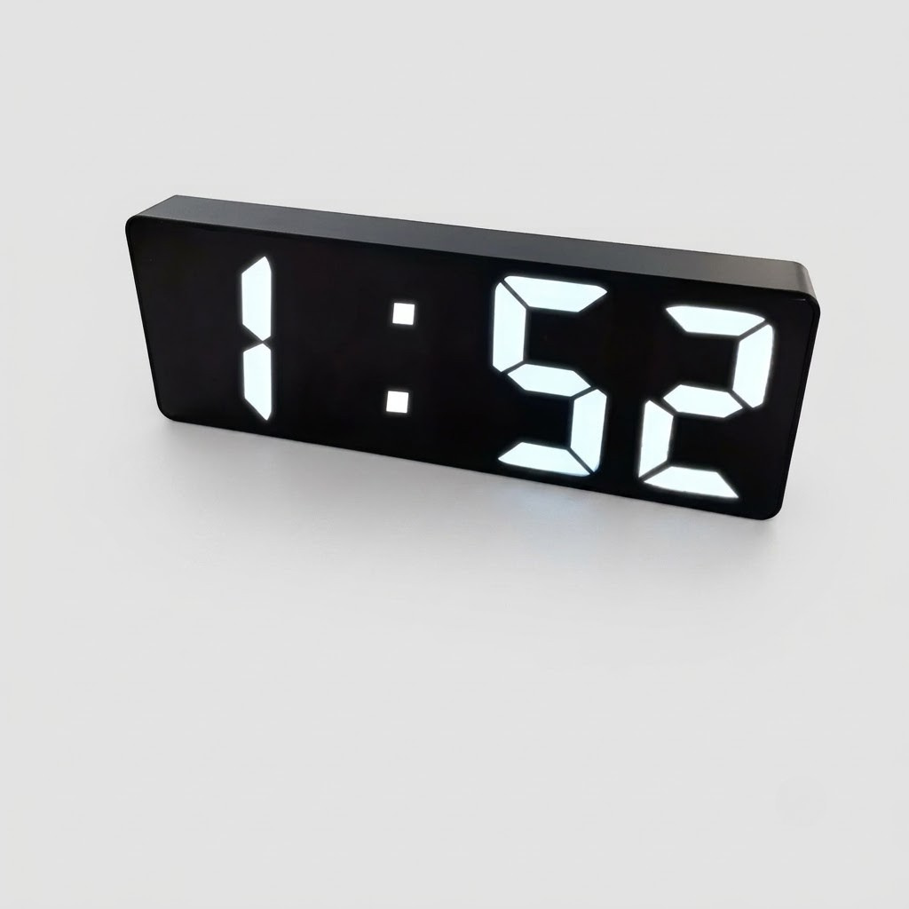 A modern black rectangular digital clock displaying the time 1:52 in bright white LED numerals, shown on a clean light gray background.