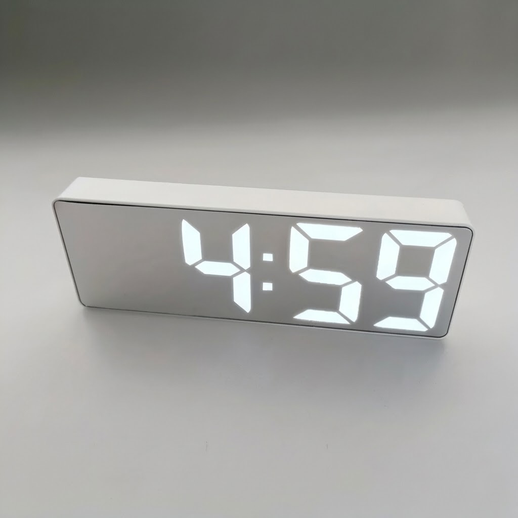 A modern rectangular digital alarm clock with a white body and glowing white LED seven-segment display showing 4:59, photographed on a neutral gray studio background.