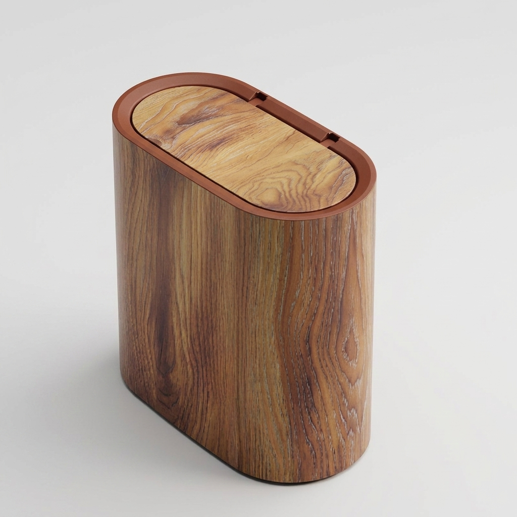 A modern oval-shaped trash can with a glossy wood grain finish, featuring a matching wood-grain lid with a reddish-brown rim, shown on a light gray background.