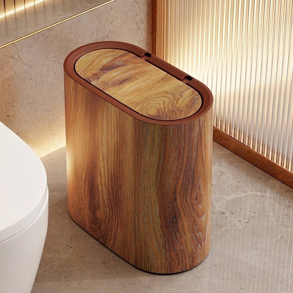 Wooden trash can with a brown lid in a bathroom setting