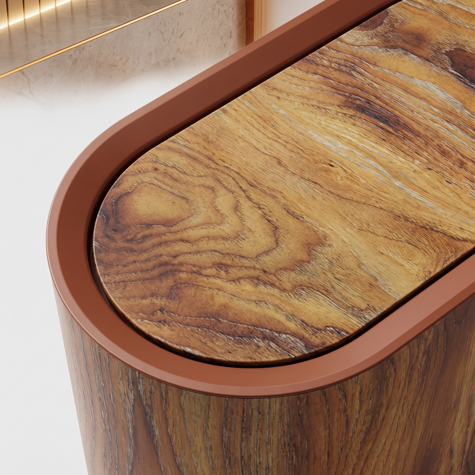 Close-up of a modern wooden furniture piece with an oval top featuring a warm honey-brown wood grain and a contrasting matte terracotta rim, set against a clean light background.