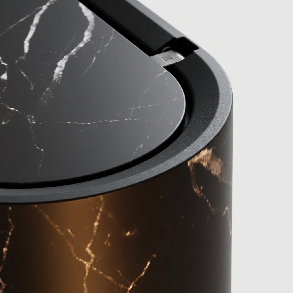 Close-up of a cylindrical trash can with a black marble-patterned lid and a dark bronze-brown body with gold marble veining, set against a light gray background.