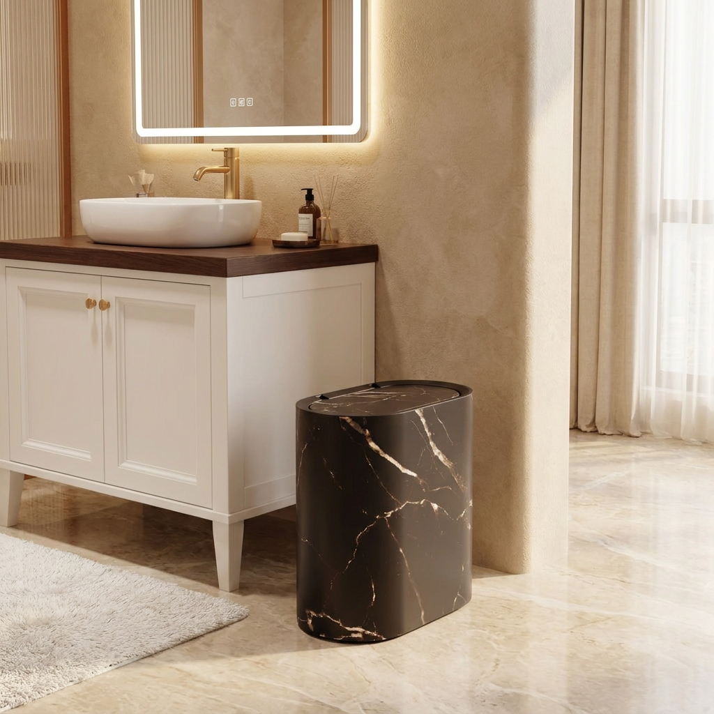 A modern bathroom scene with a white vanity cabinet, vessel sink, illuminated mirror, and a dark marble-patterned cylindrical trash can beside the counter.