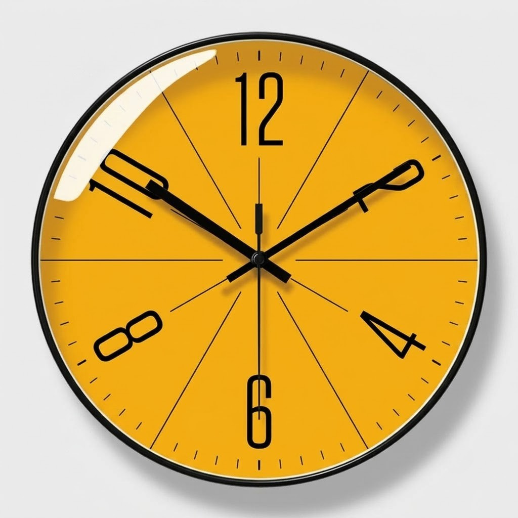 A minimalist wall clock with a bright yellow face, black frame, and black hands, featuring large Arabic numerals and thin black minute markers on a light gray background.