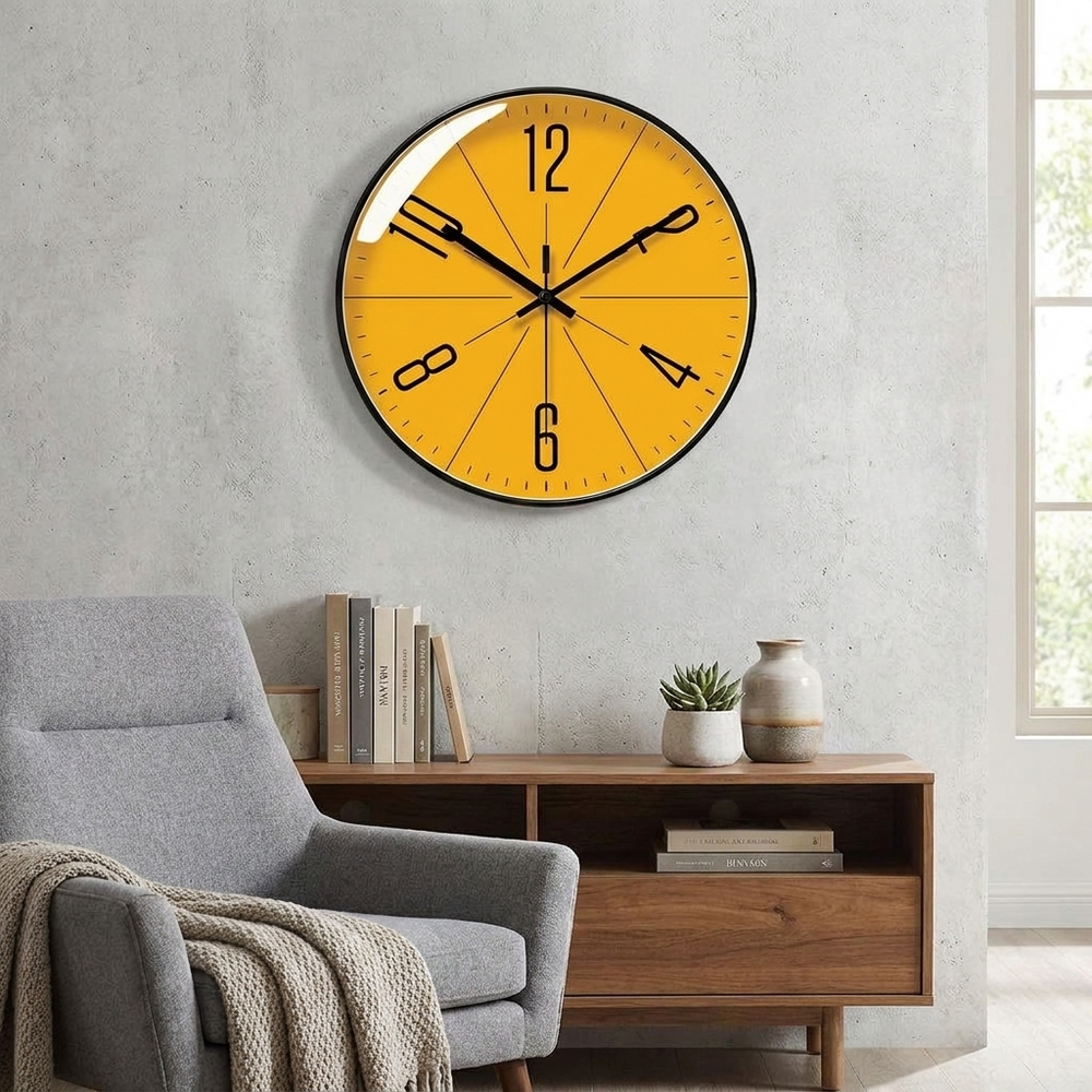 A round wall clock with a bright yellow face and black numerals and hands, mounted on a light gray textured wall above a wooden console table in a modern living room setting.