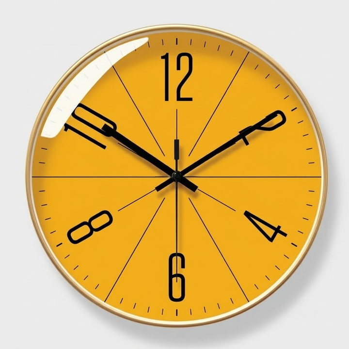 A minimalist round wall clock with a bright yellow face, black hands, black numerals, and a thin gold-toned outer rim, shown against a light gray background.