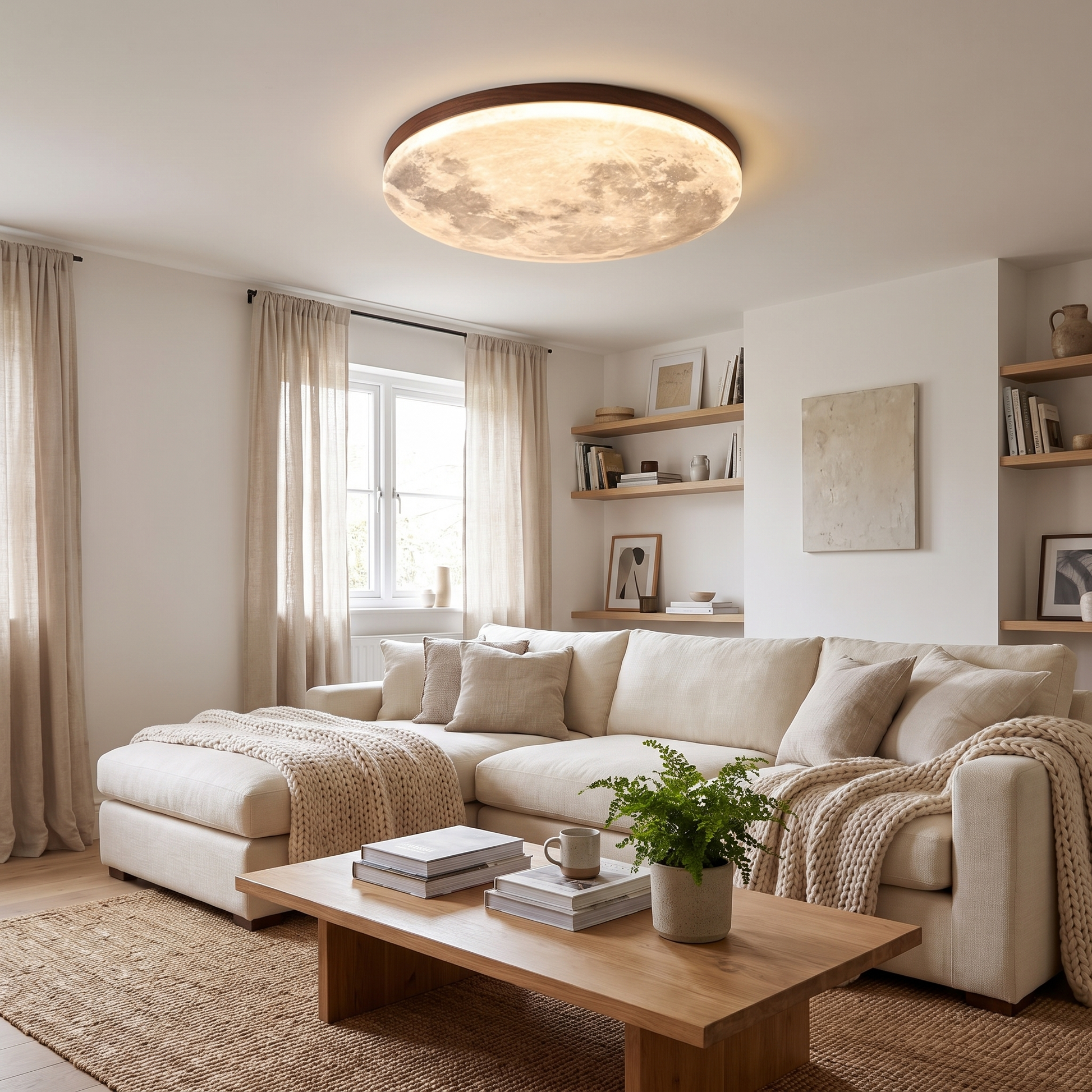 Moon Round Wood Finish LED Flush Mount Ceiling Light 2