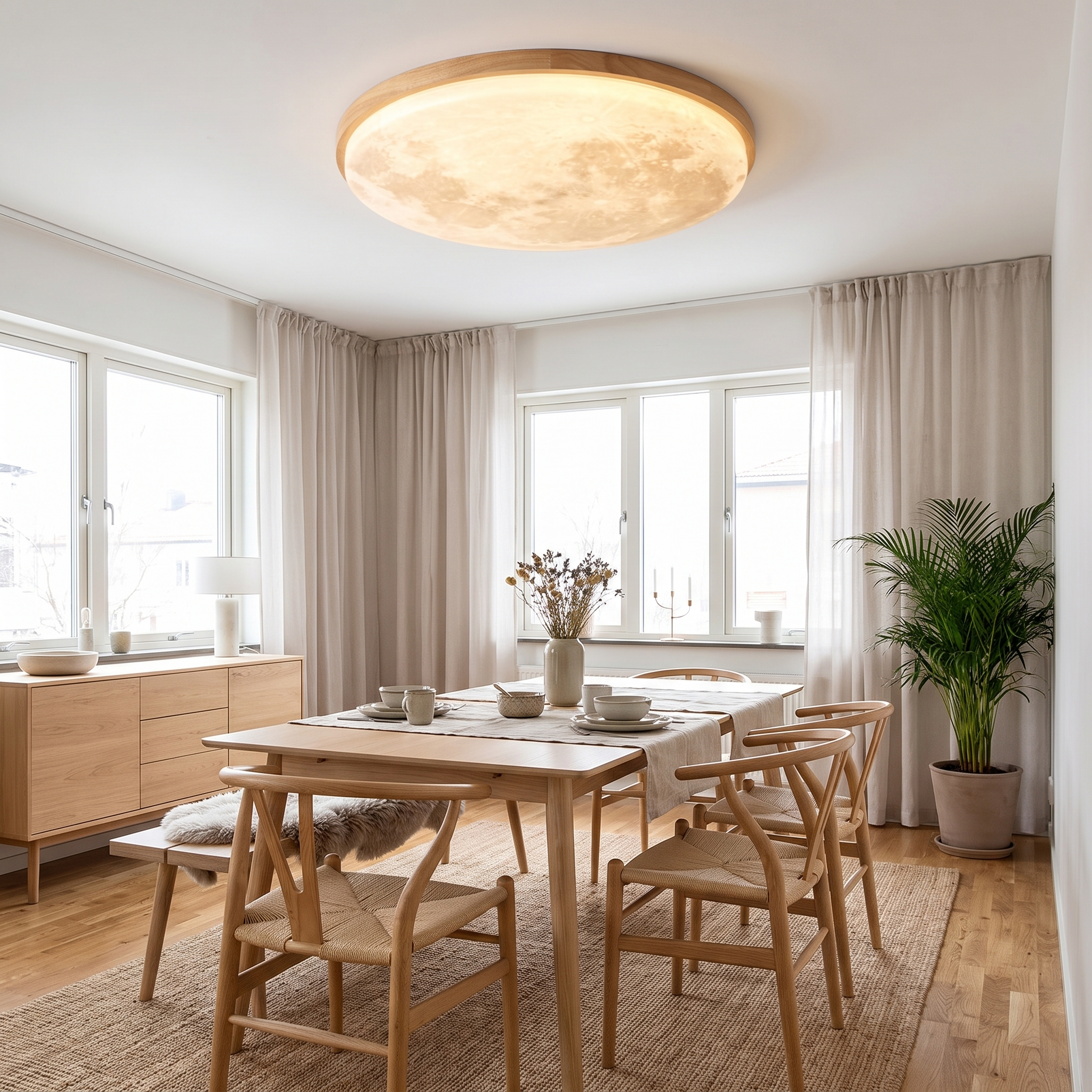 Moon Round Wood Finish LED Flush Mount Ceiling Light 3