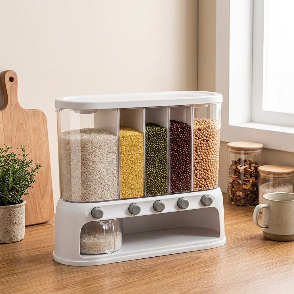 A white plastic 5-compartment dry grain dispenser with clear storage bins filled with rice, yellow grains, green beans, red beans, and soybeans, sitting on a wooden kitchen counter.