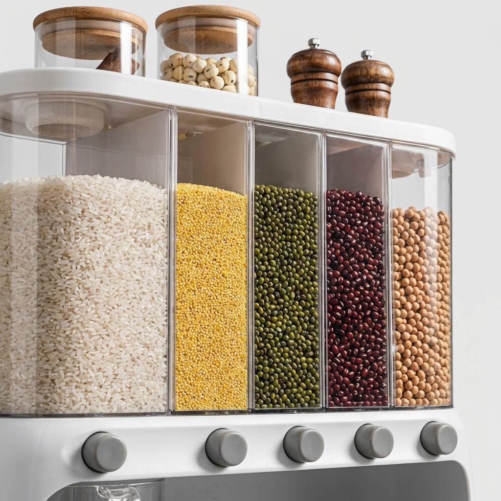 A white multi-compartment dry goods dispenser filled with rice, yellow grain, green beans, red beans, and peanuts, topped with glass jars and wooden pepper mills against a light gray background.