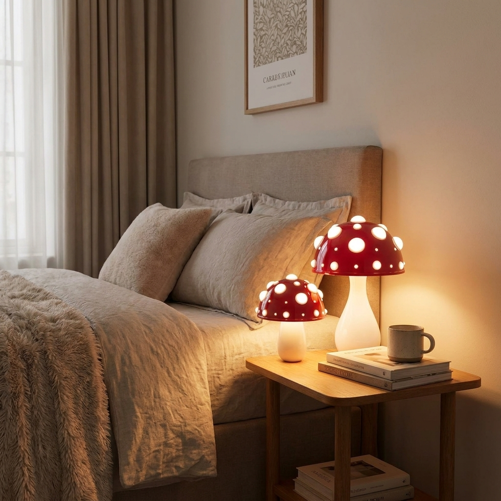 Two mushroom-shaped night lights with red caps and white spots sit on a wooden bedside table next to a bed with beige bedding, creating a warm cozy atmosphere.
