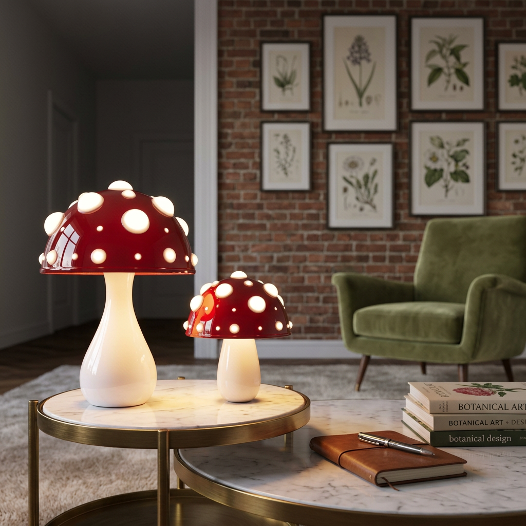 Two mushroom-shaped table lamps with glossy red caps and white spotted details, one large and one small, displayed on a round marble-top table in a styled living room with a brick wall, framed botanical prints, and a green armchair.