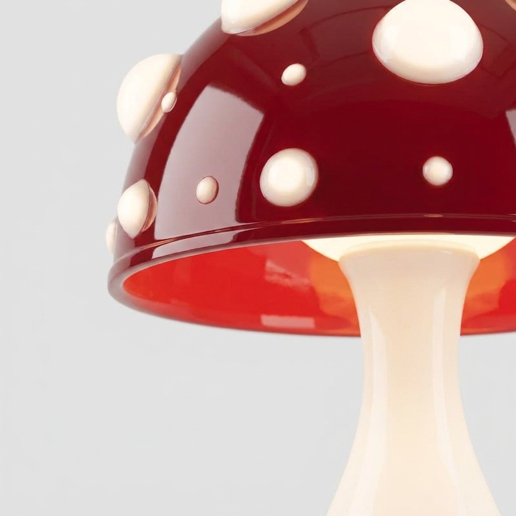 A close-up of a mushroom-shaped table lamp with a glossy dark red cap, white spots, and a cream-colored stem against a light gray background.