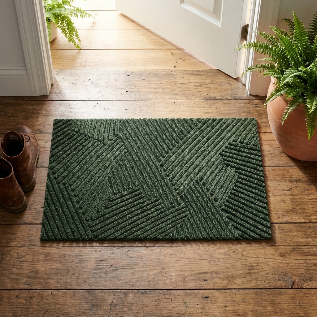A dark green rectangular doormat with a textured geometric basketweave pattern, placed on a rustic wooden floor in a home entryway with a potted fern, brown shoes, and an open white door.