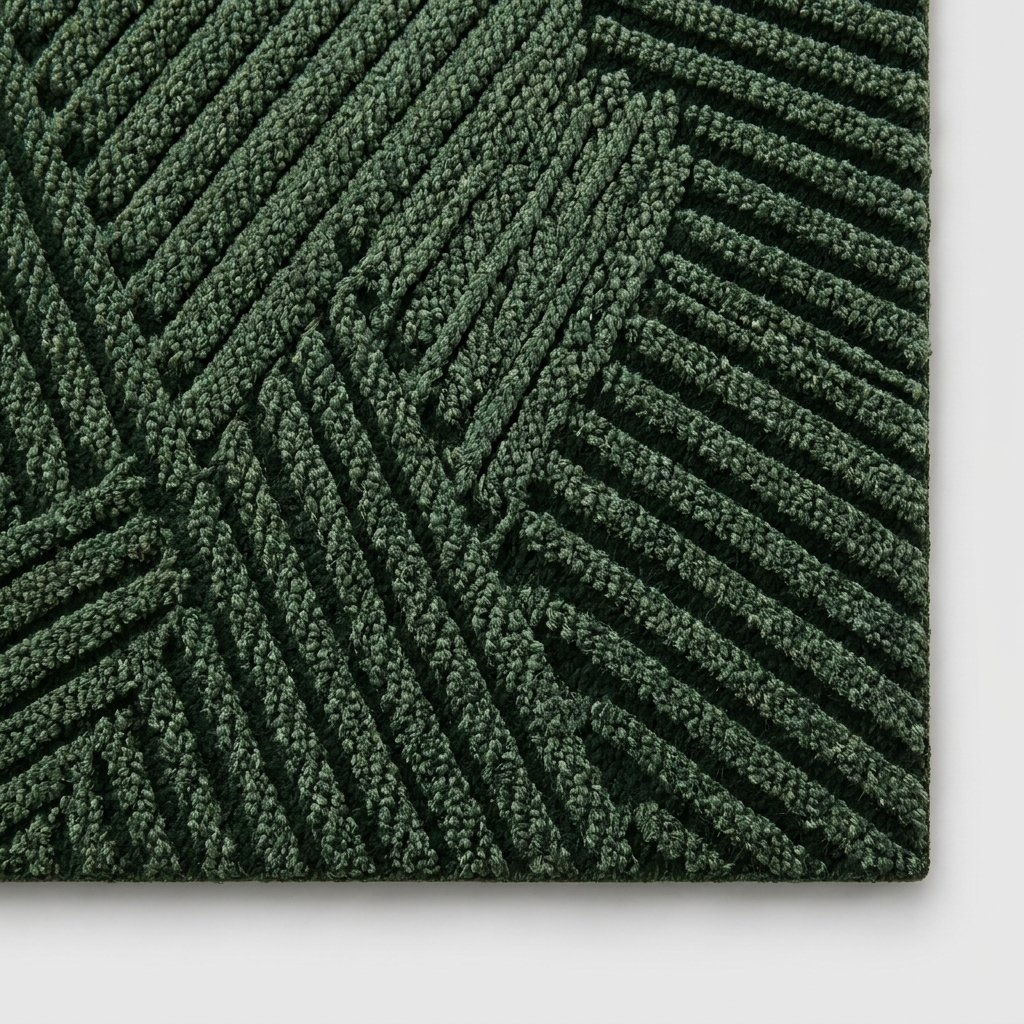 A close-up of a dark green textured rug with a raised geometric pattern of diagonal ribbed stripes.