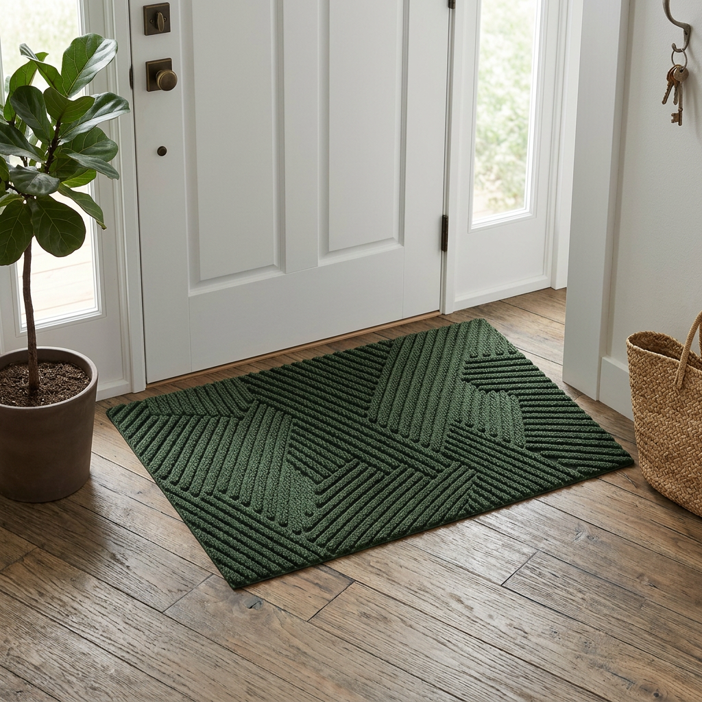 A dark green textured doormat with a geometric chevron pattern, placed in front of a white double door on a wooden floor, with a potted plant on the left and a woven basket on the right.