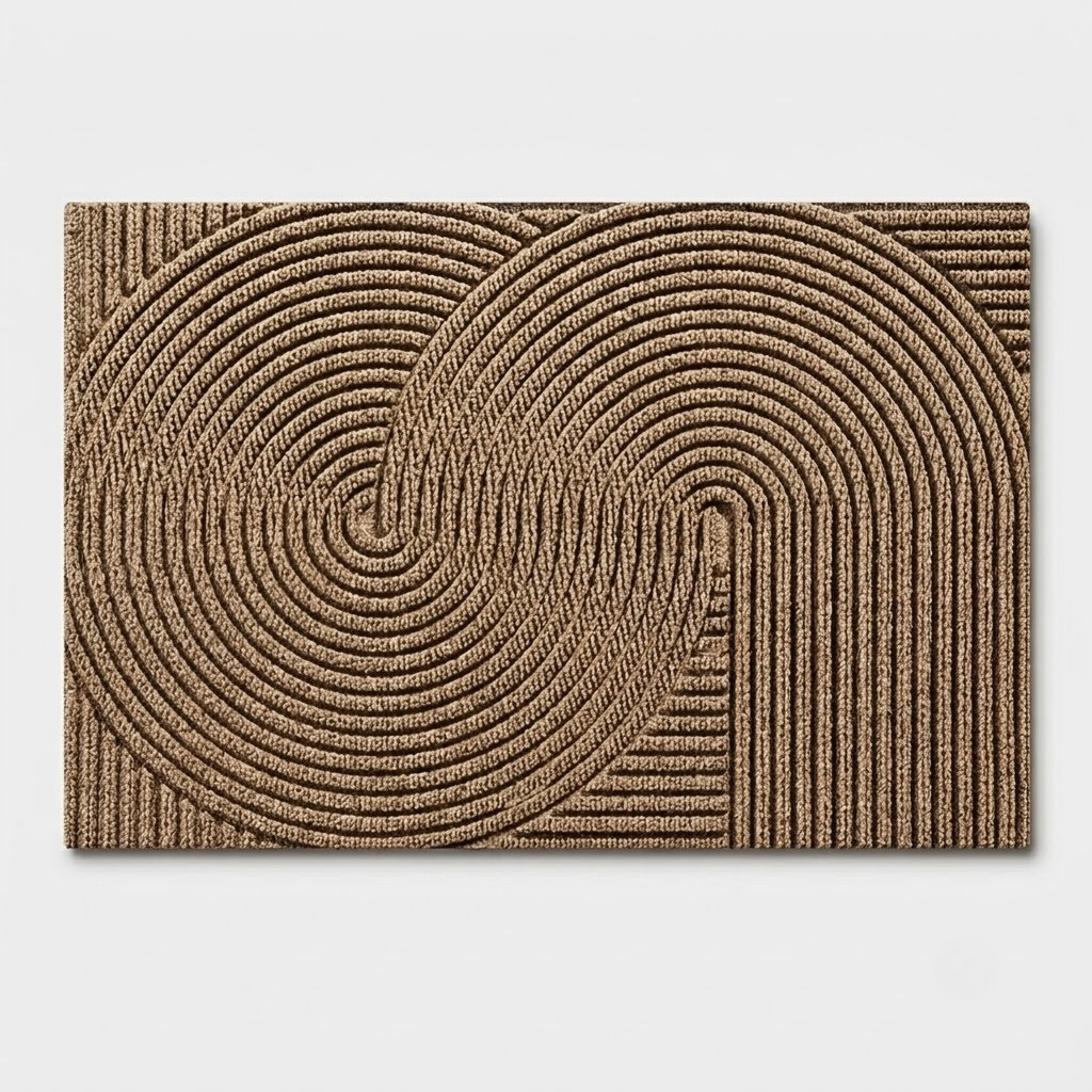 A rectangular woven rug with a textured geometric design featuring concentric arches and spirals in a warm brown and tan color palette, shown against a light gray background.