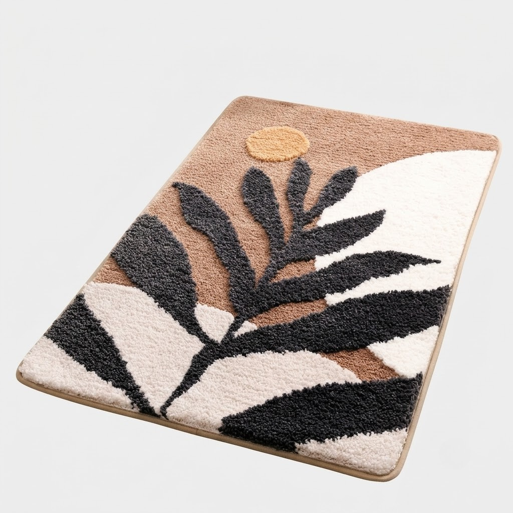A rectangular area rug with a modern abstract botanical design, featuring black and cream leaf patterns over a beige and brown background with a small tan sun motif, shown on a light gray background.