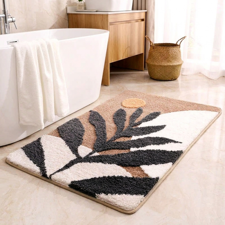 A rectangular bath mat with a bold tropical leaf pattern in beige, cream, black, and brown, styled on a beige tiled bathroom floor next to a white bathtub.