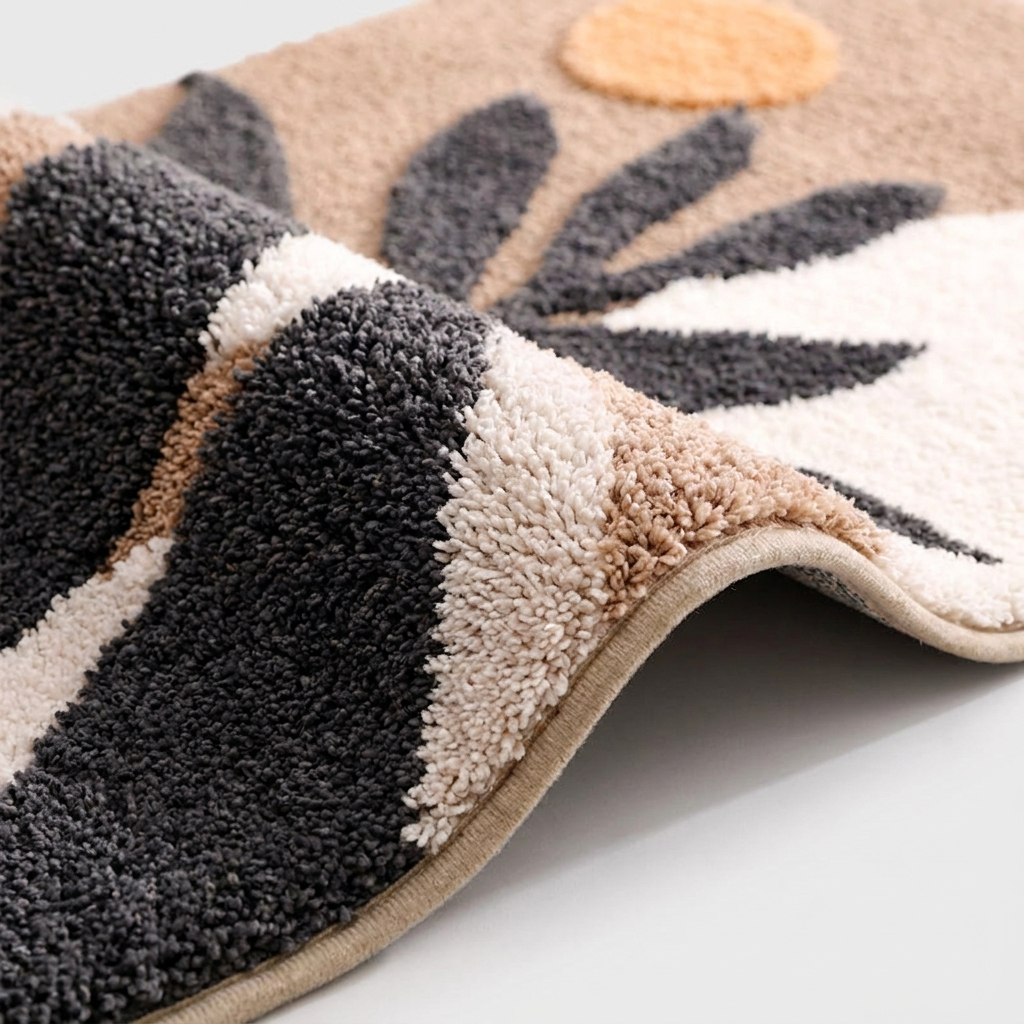 A close-up of a plush bath mat with a modern botanical pattern in beige, cream, and dark charcoal gray, folded to show its soft texture.