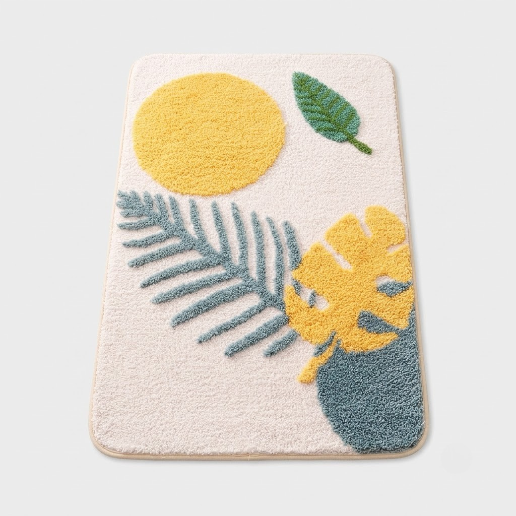 A rectangular bath mat with rounded corners featuring a textured, raised tropical design. The design includes a large yellow sun, a green palm leaf, a yellow monstera leaf, and a blue-gray vase, all on a warm off-white background.